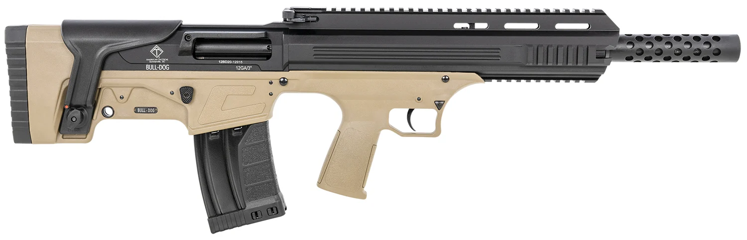 ATI ATIG12BDT Bulldog 12 Gauge Semi-Auto 3" 5+1 18.50" Black Steel Barrel, Black Aluminum Receiver, Picatinny Rail, Tan Fixed Bullpup Stoc & Grip