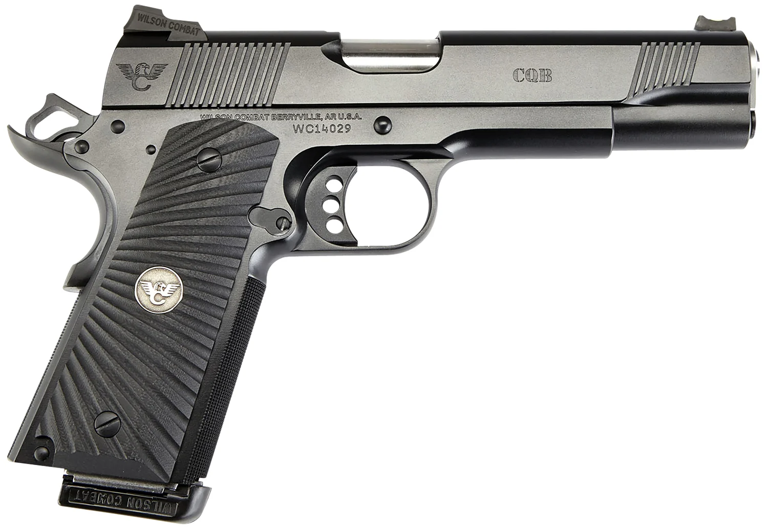 Wilson Combat CQBFS9 1911 CQB Full Size Frame 9mm Luger 10+1 5" Match Grade Barrel, Black Serrated Carbon Steel Slide, Black Armor-Tuff Carbon Steel Frame w/Beavertail, Black G10 Starburst Grip