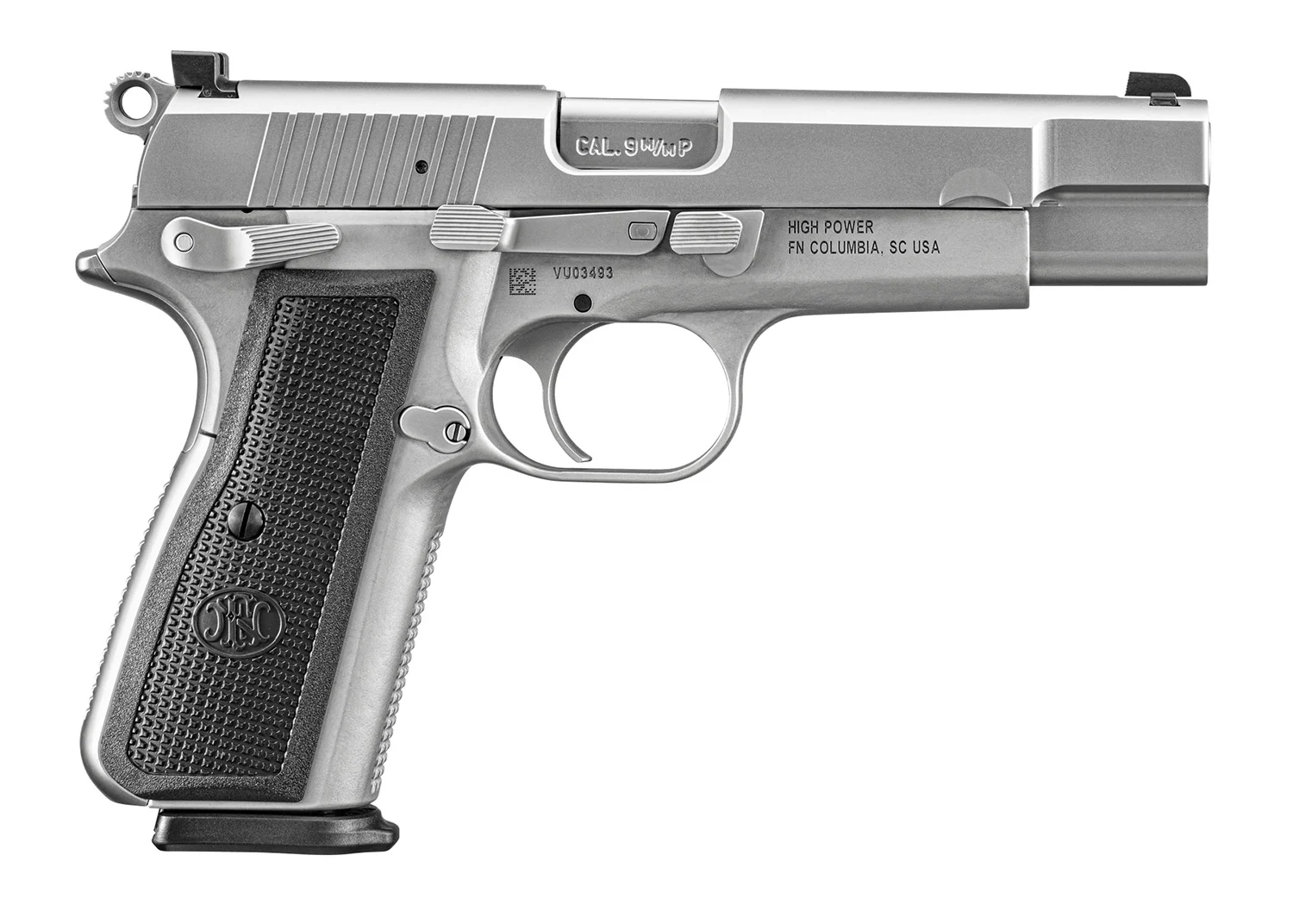 FN 66101068 High Power 9mm Luger 17+1, 4.70" Black Target Crown Steel Barrel, Stainless PVD Serrated Steel Slide, Matte Stainless Steel Frame w/Beavertail, Black Textured Polymer Grip, Ambidextrous
