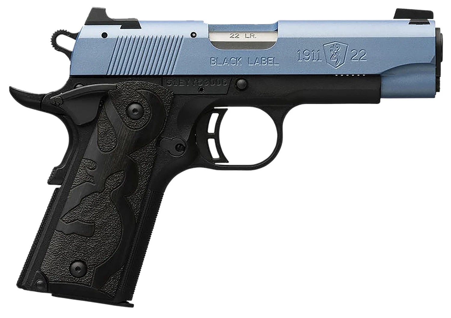 Browning 051898490 1911 Black Label Compact Frame 22 LR 10+1, 3.63" Matte Stainless Steel Barrel, Polar Blue Cerakote Serrated Slide, Matte Black Polymer Frame w/Beavertail, Black Laminate Wood Grip