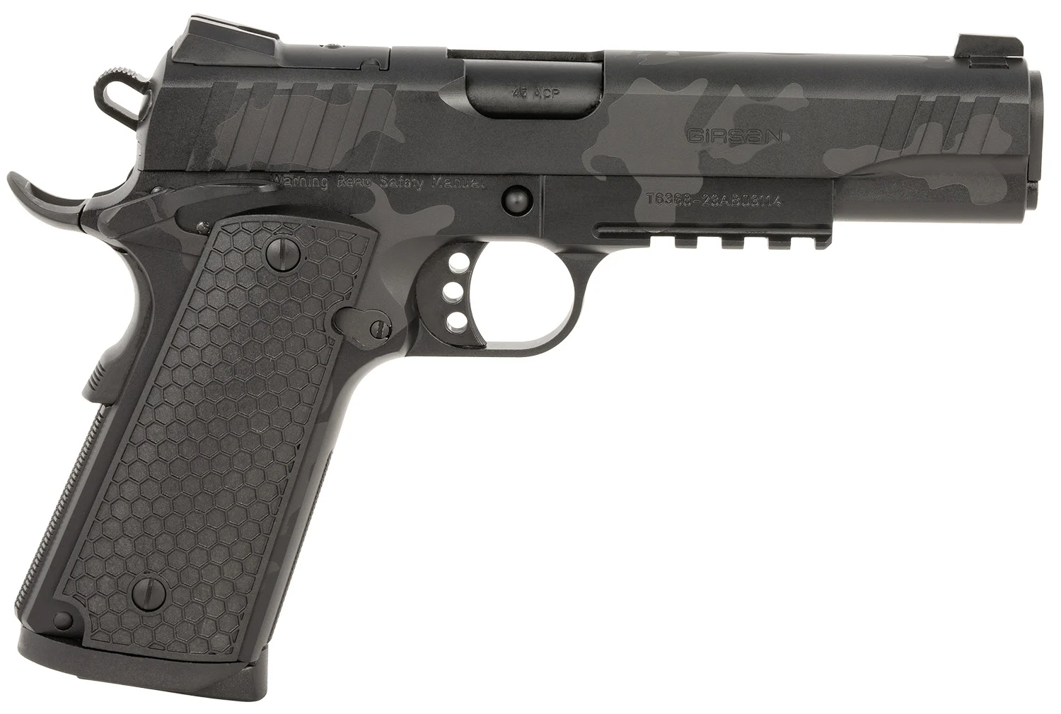 Girsan 391157 MC1911 S Influencer Full Size 45 ACP 8+1 5" Black Steel Barrel, Black Camo Optic Ready/Serrated Steel Slide & Frame w/Picatinny Rail & Beavertail, Black Polymer Grip