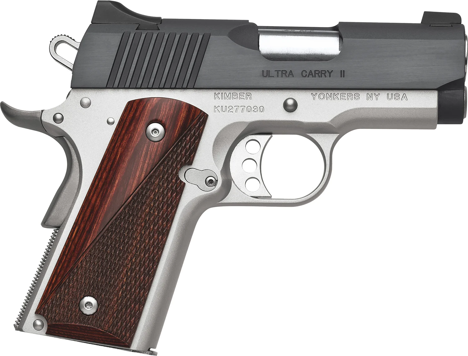 Kimber Mfg, Inc 3200321 Ultra Carry II 45 ACP 7+1 3" Stainless Match Grade Barrel, Matte Black Brushed Serrated Steel Slide, Satin Silver Aluminum Frame w/Beavertail, Rosewood Grip