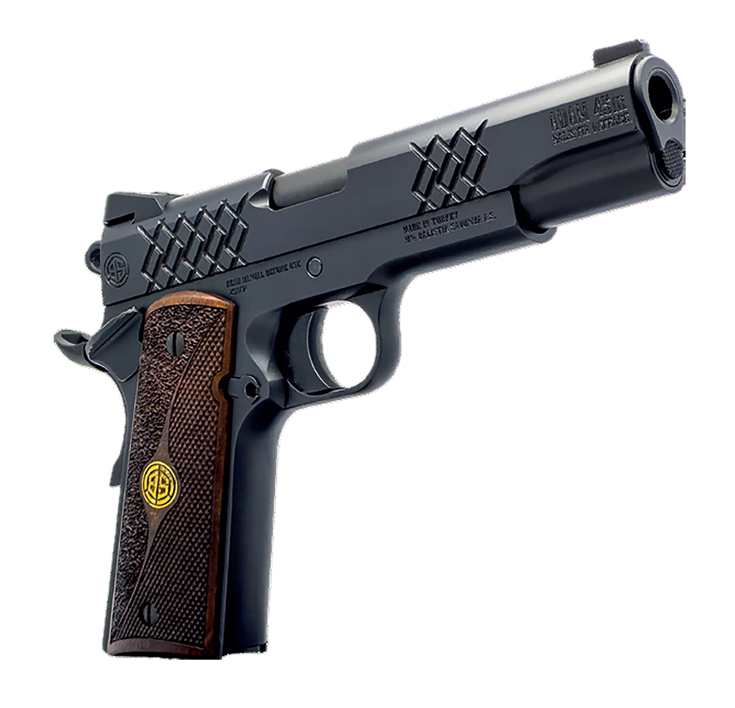 Dickinson LLC DKSN9BM 1911 Adam Full Size Frame 45 ACP 8+1 4.37" Matte Black Button Rifled Barrel, Matte Black Serrated Aluminum Slide, Matte Black Steel Frame, Wood Grips - Breda/Dickinson