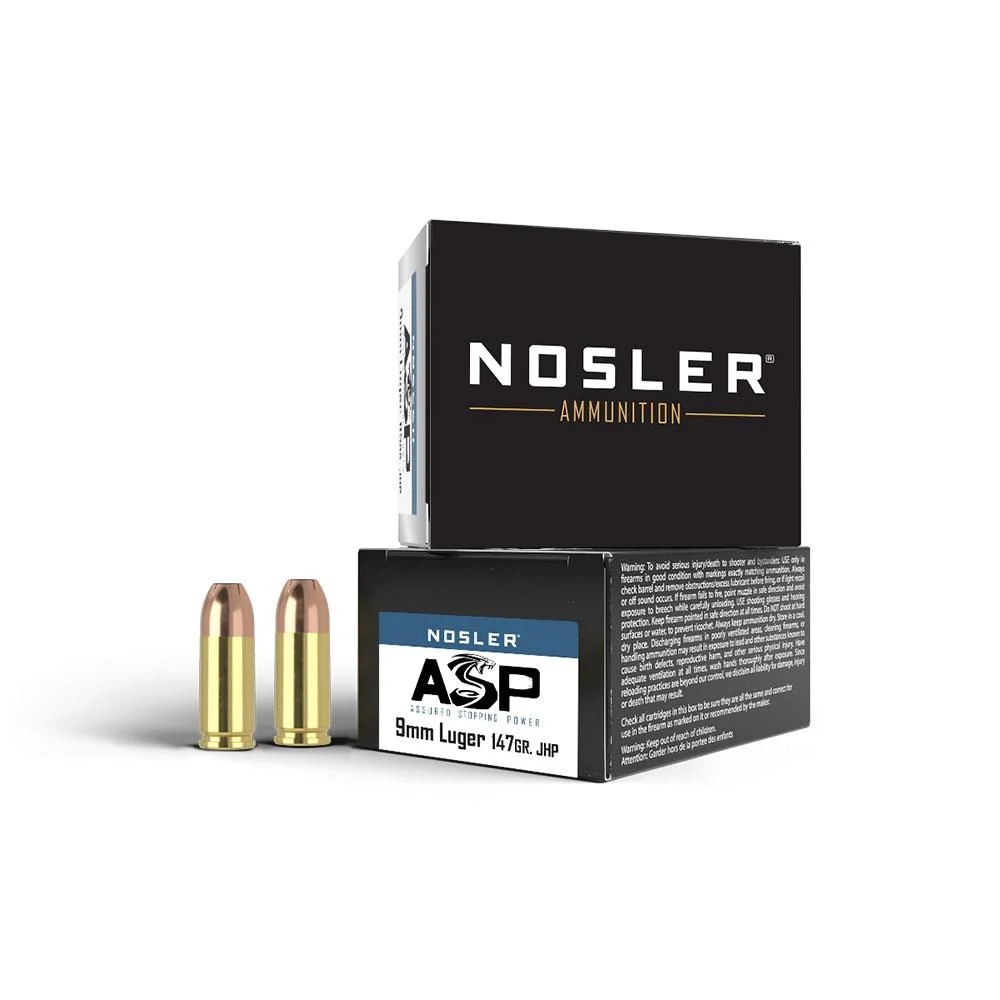 Nosler ASP Suppressor Ready Handgun Ammunition 9mm Luger 147gr JHP 950 fps 20/ct